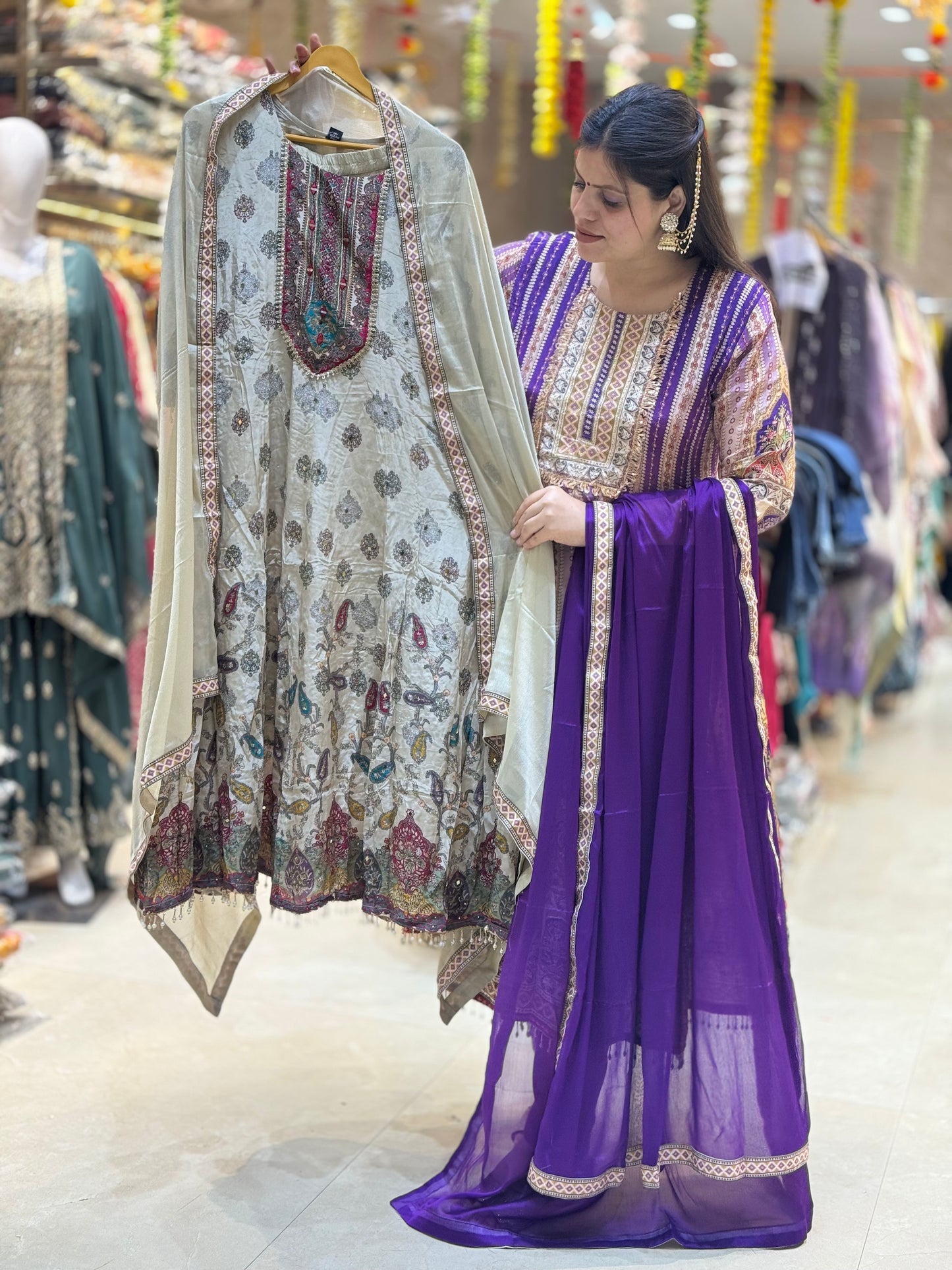 PREMIUM CREPE PURPLE AND IVORY DIGITAL ANARKALI