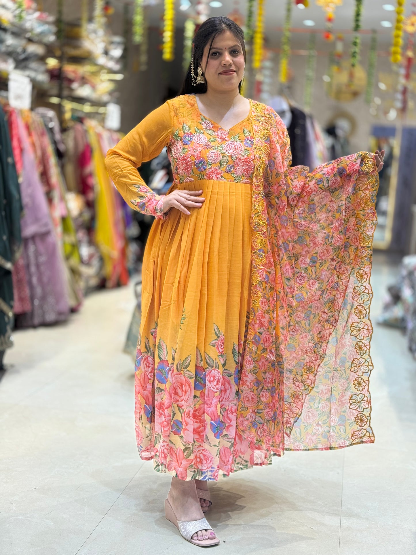 MUSTARD CHIFFON GEORGETTE ANARKALI WITH ORGANZA DUPPTA