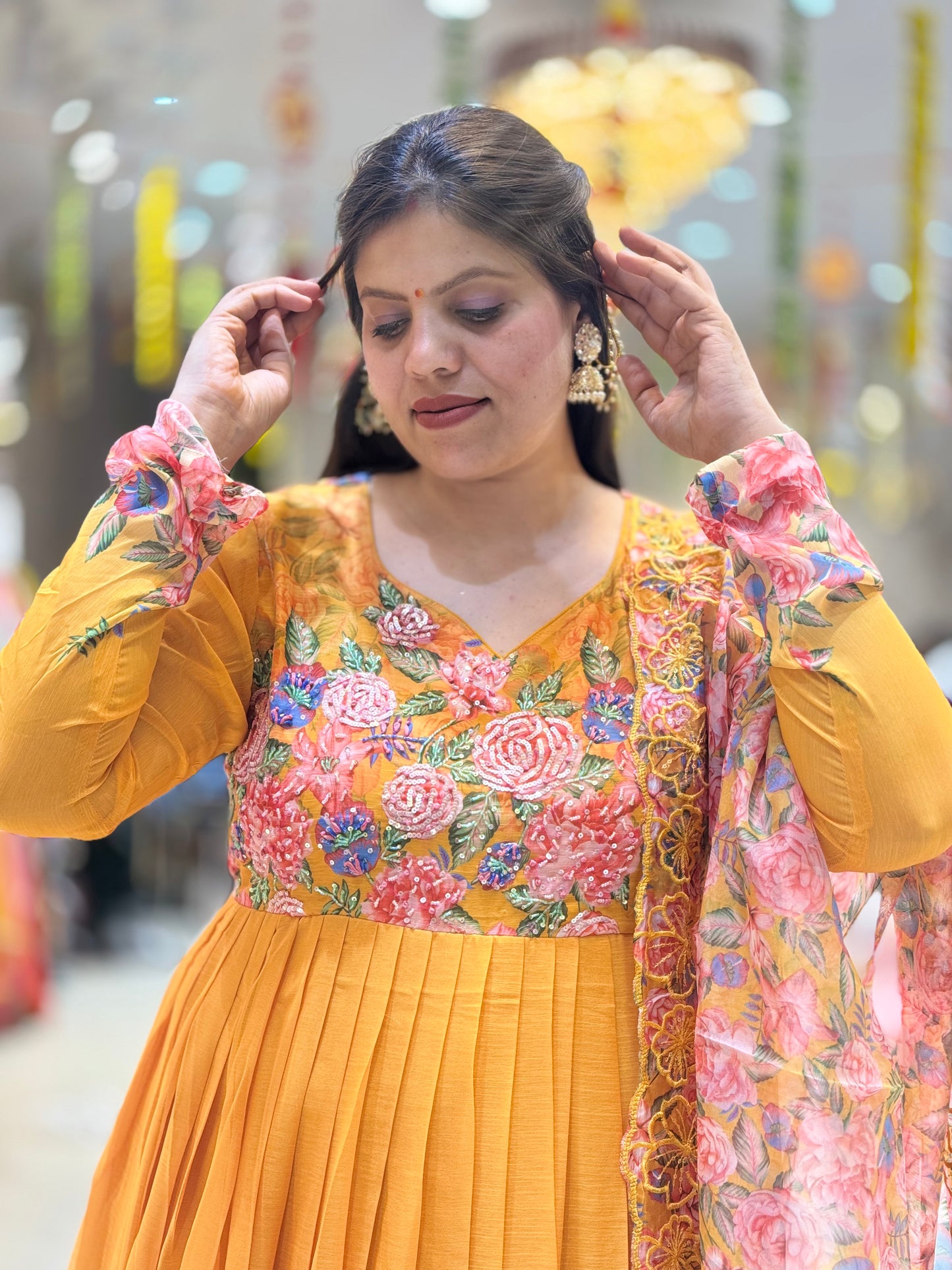 MUSTARD CHIFFON GEORGETTE ANARKALI WITH ORGANZA DUPPTA