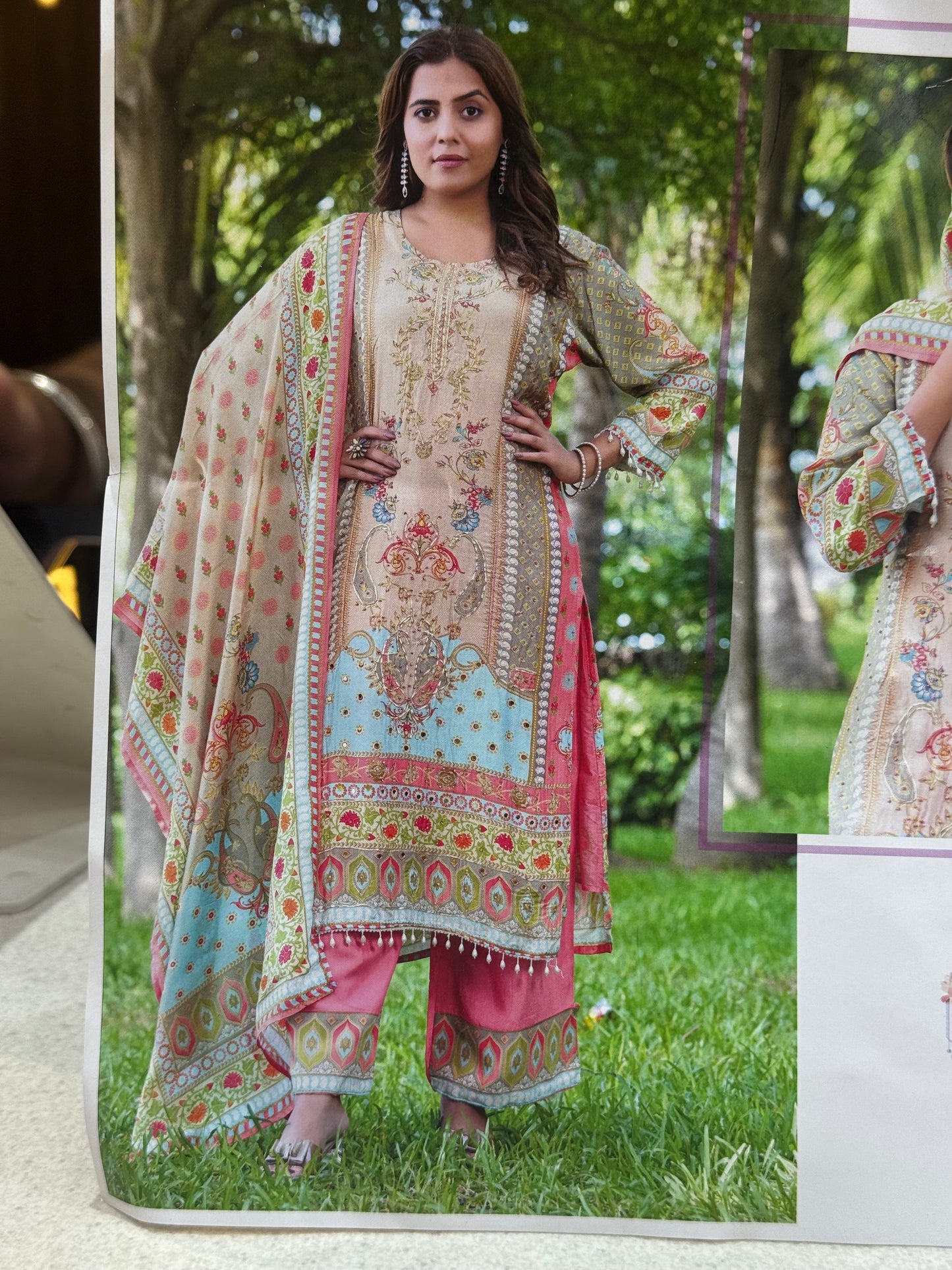 PINK WITH IVORY PURE CRAPE DESIGNER MIRROR WORK SUIT