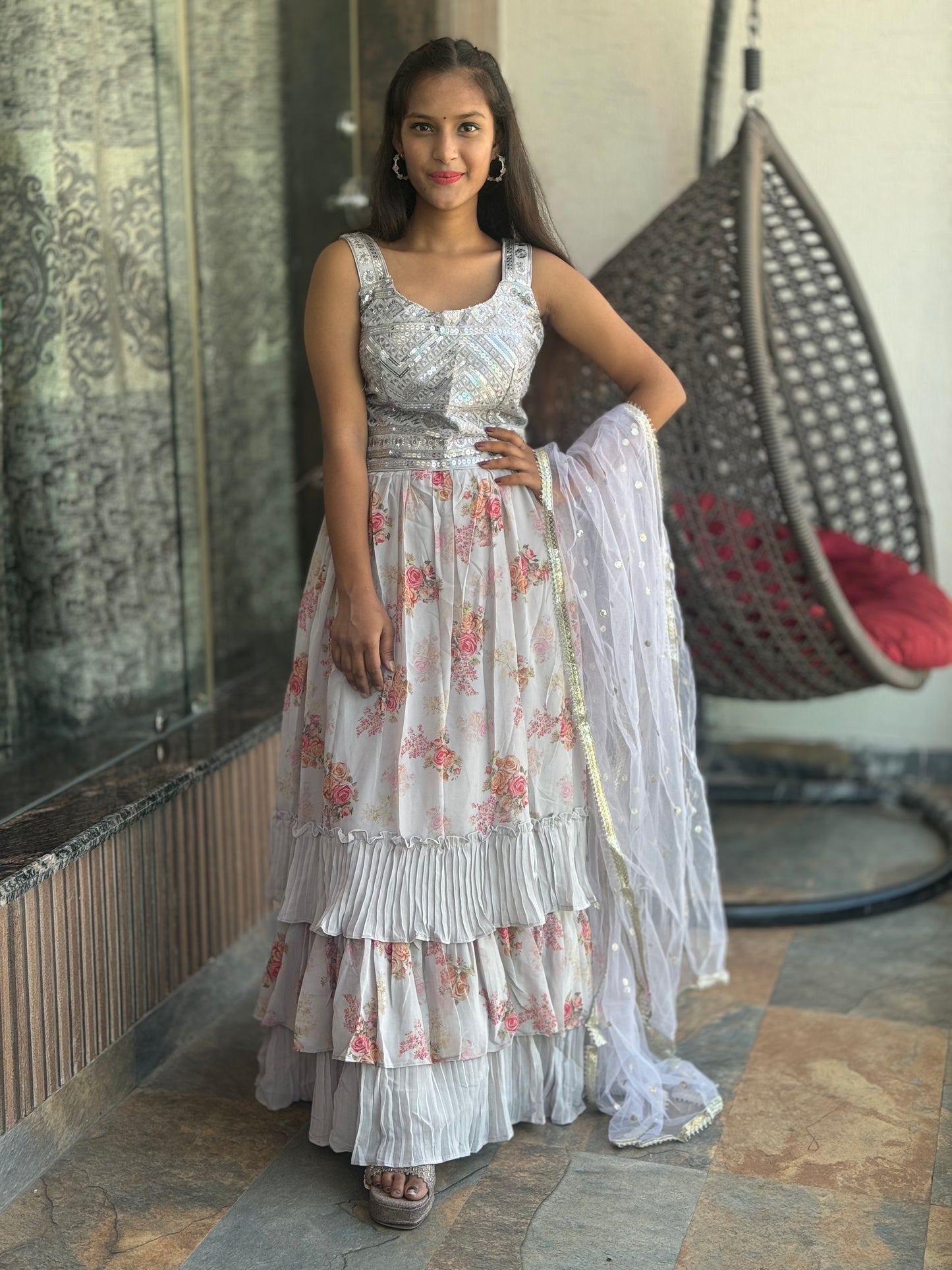 Steel Grey Floral Butterfly Georgette Lehenga (Leh: 001)