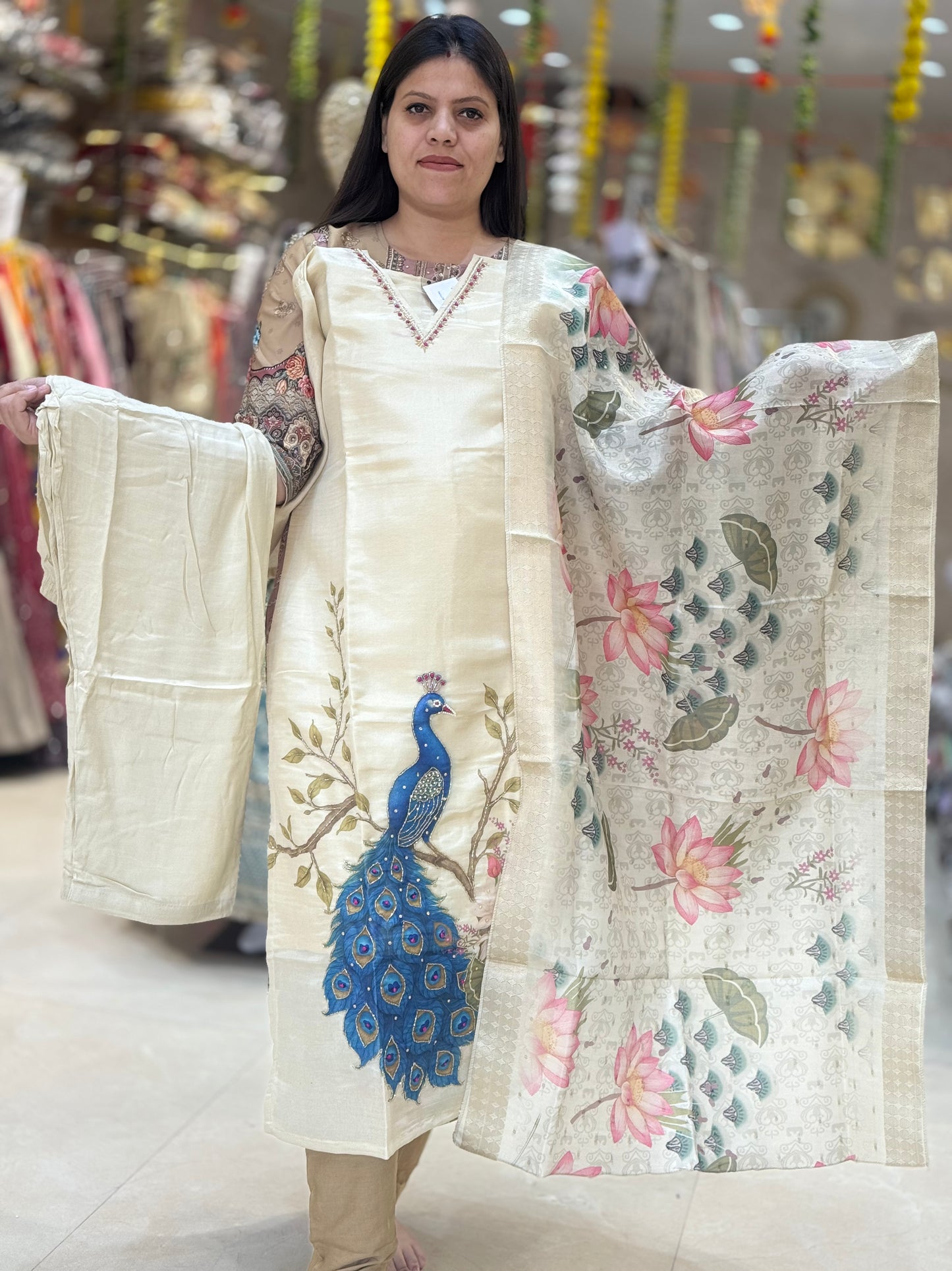 DESIGNER FULL EMBROEDED HOT SELING PEACOCK IVORY BANARSI 3 PEICE SUIT