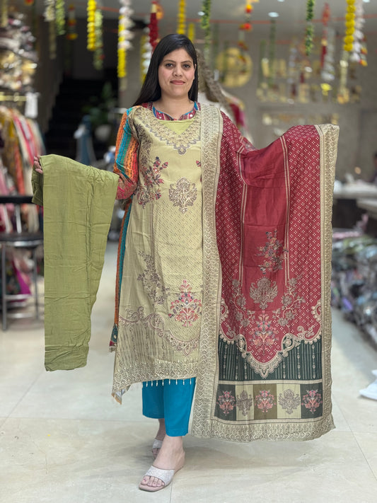 GREEN DUEL CREPE WITH TILLA WORK SUIT