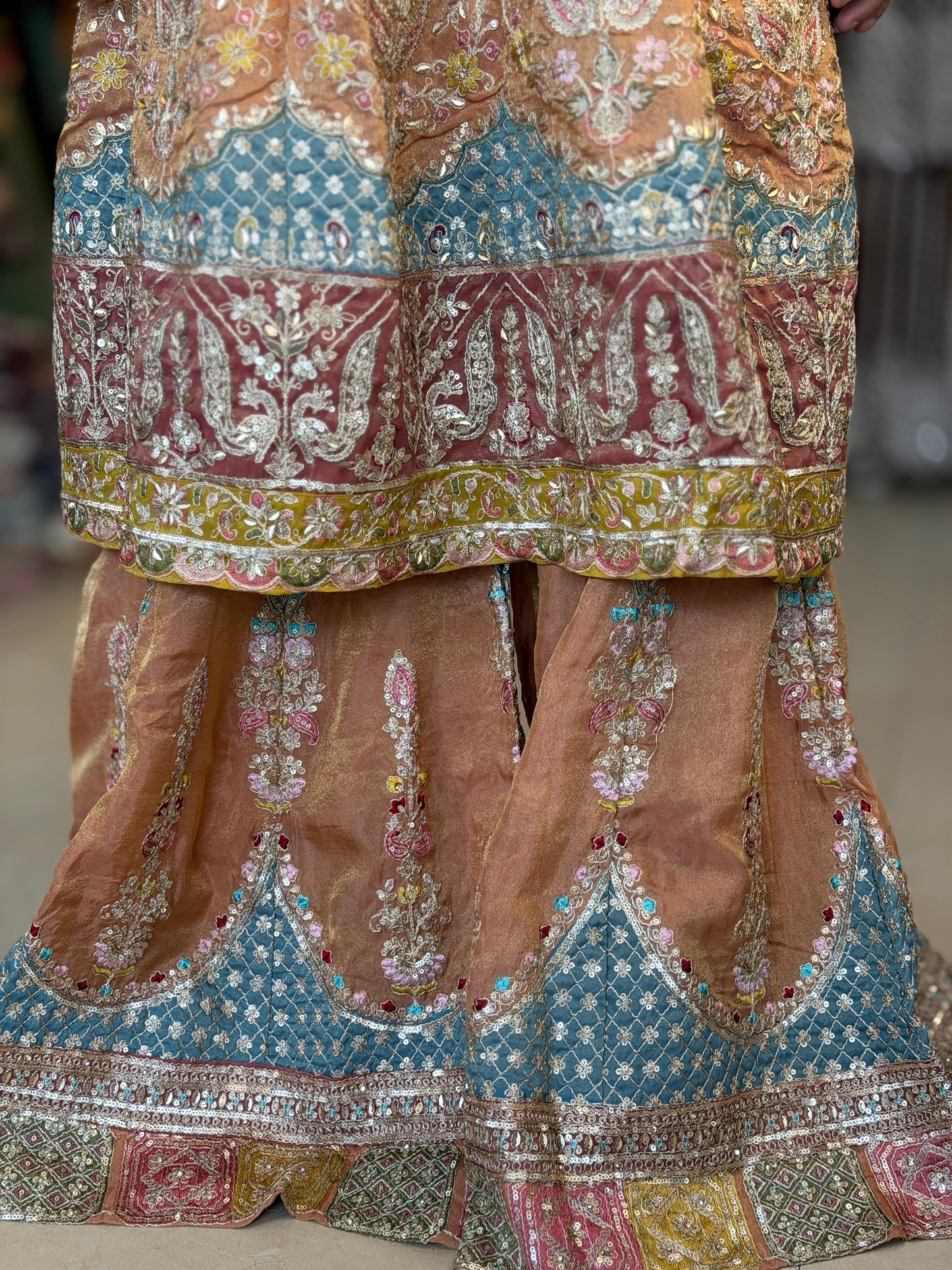 RUST WITH SKY BLUE DESIGN PEARL WORK ANARKALI