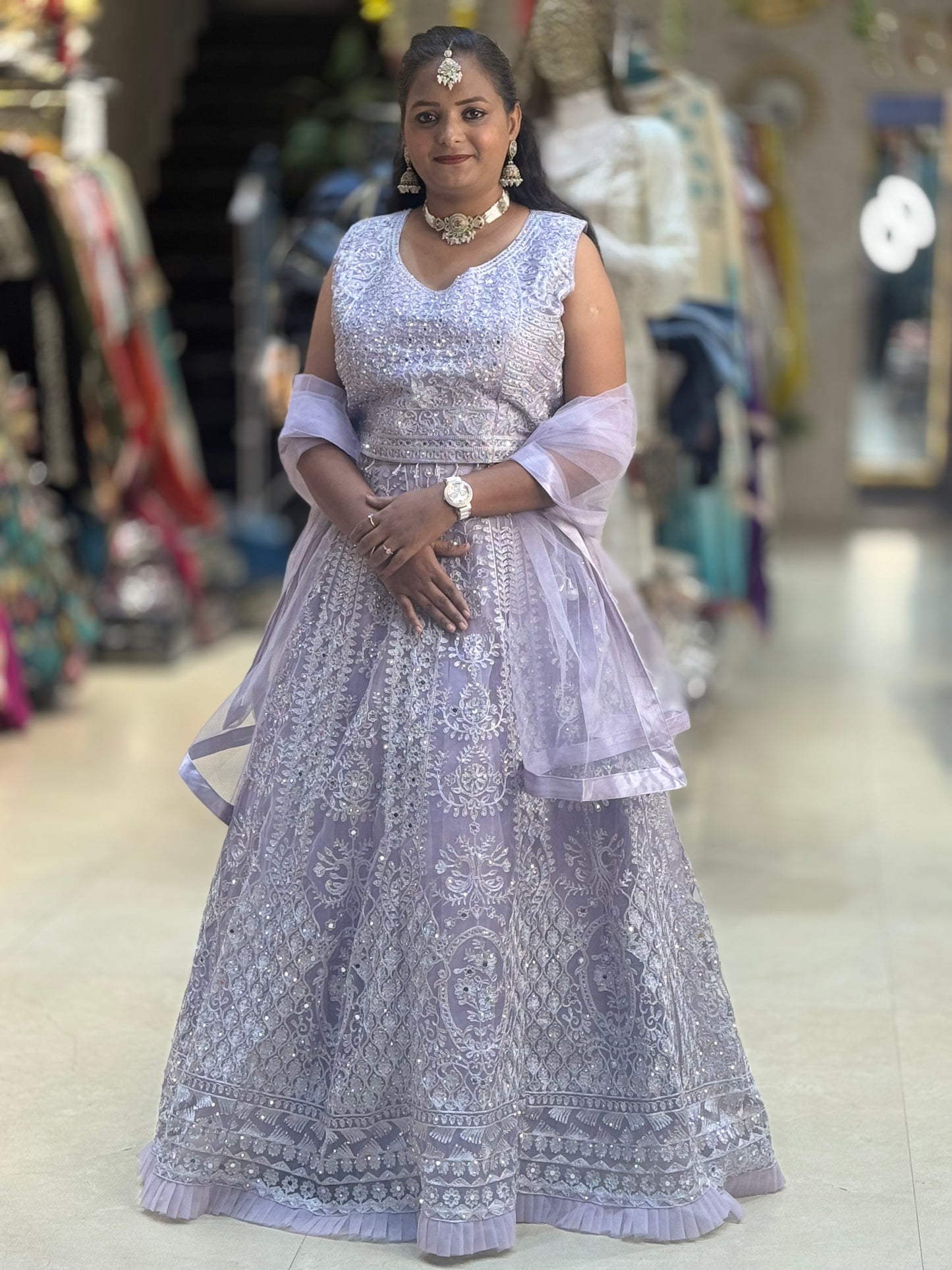 LILAC NITED THREAD AND MIRROR WORK HEAVY LEHNGA