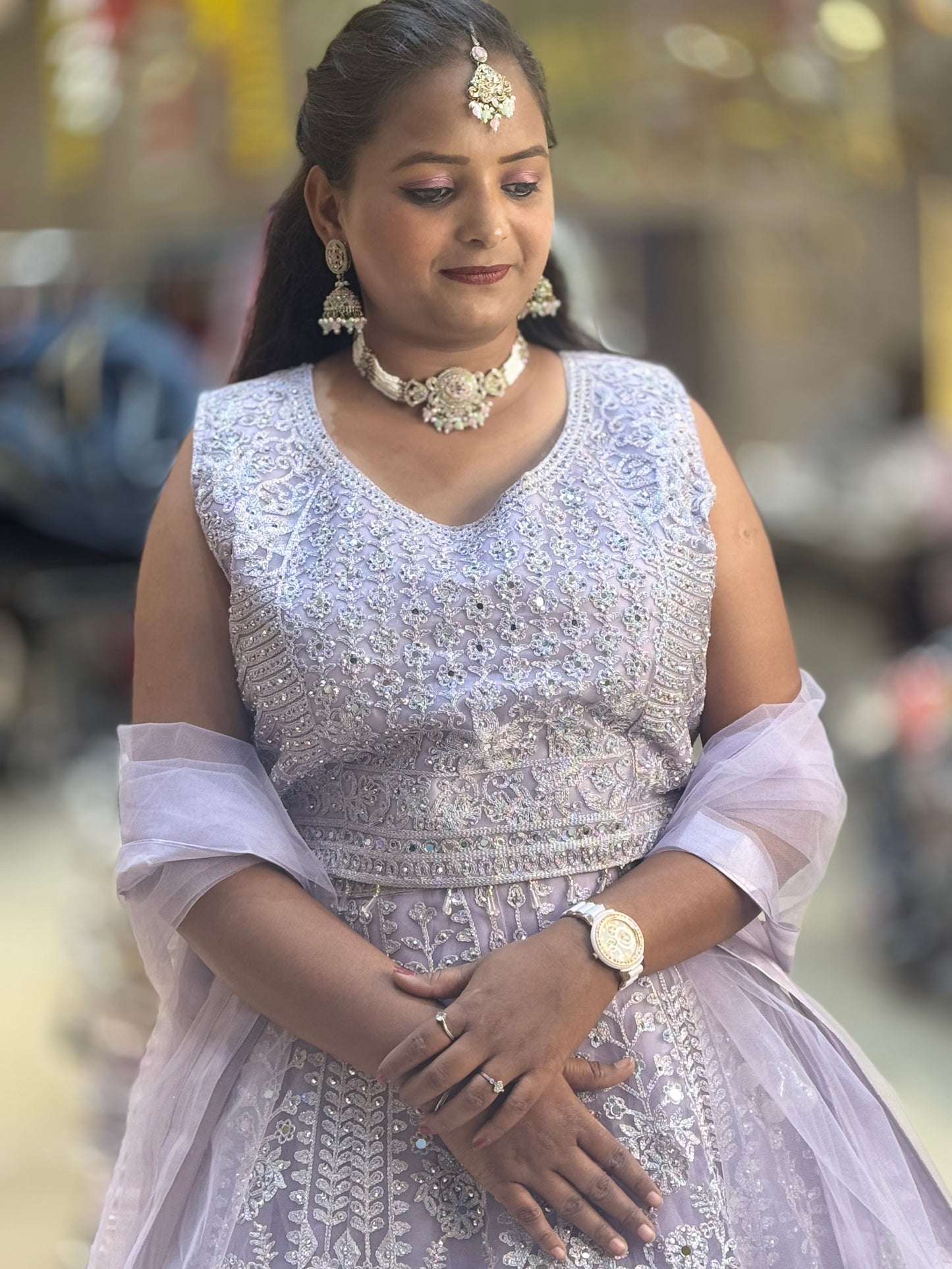 LILAC NITED THREAD AND MIRROR WORK HEAVY LEHNGA