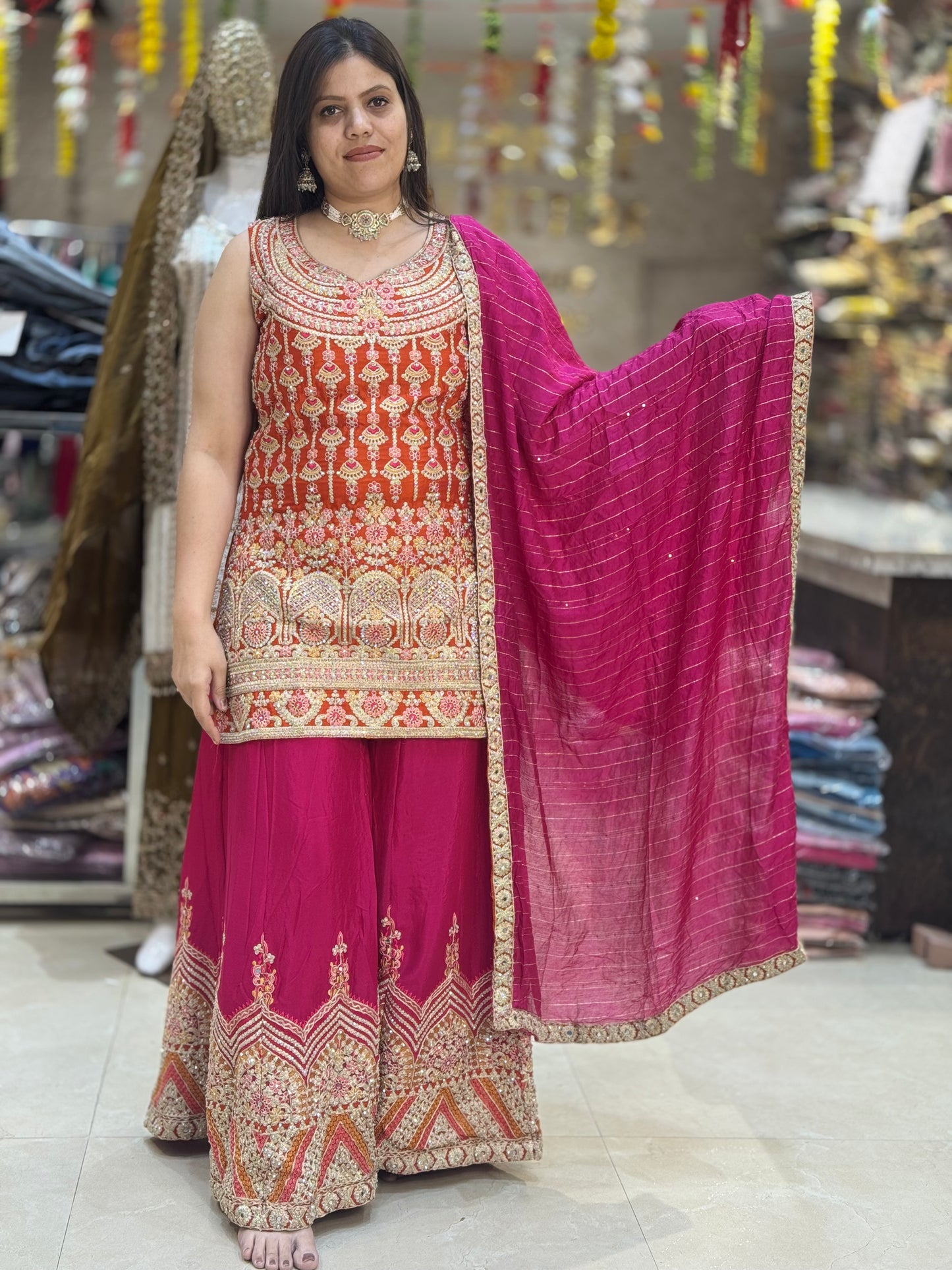 PURE CHINON PARTY WEAR DUAL COLORED ZARI WORK/THREAD WORK/MIRROR WORK SUIT WITH ZAFFA (ARTICAL-0.1)