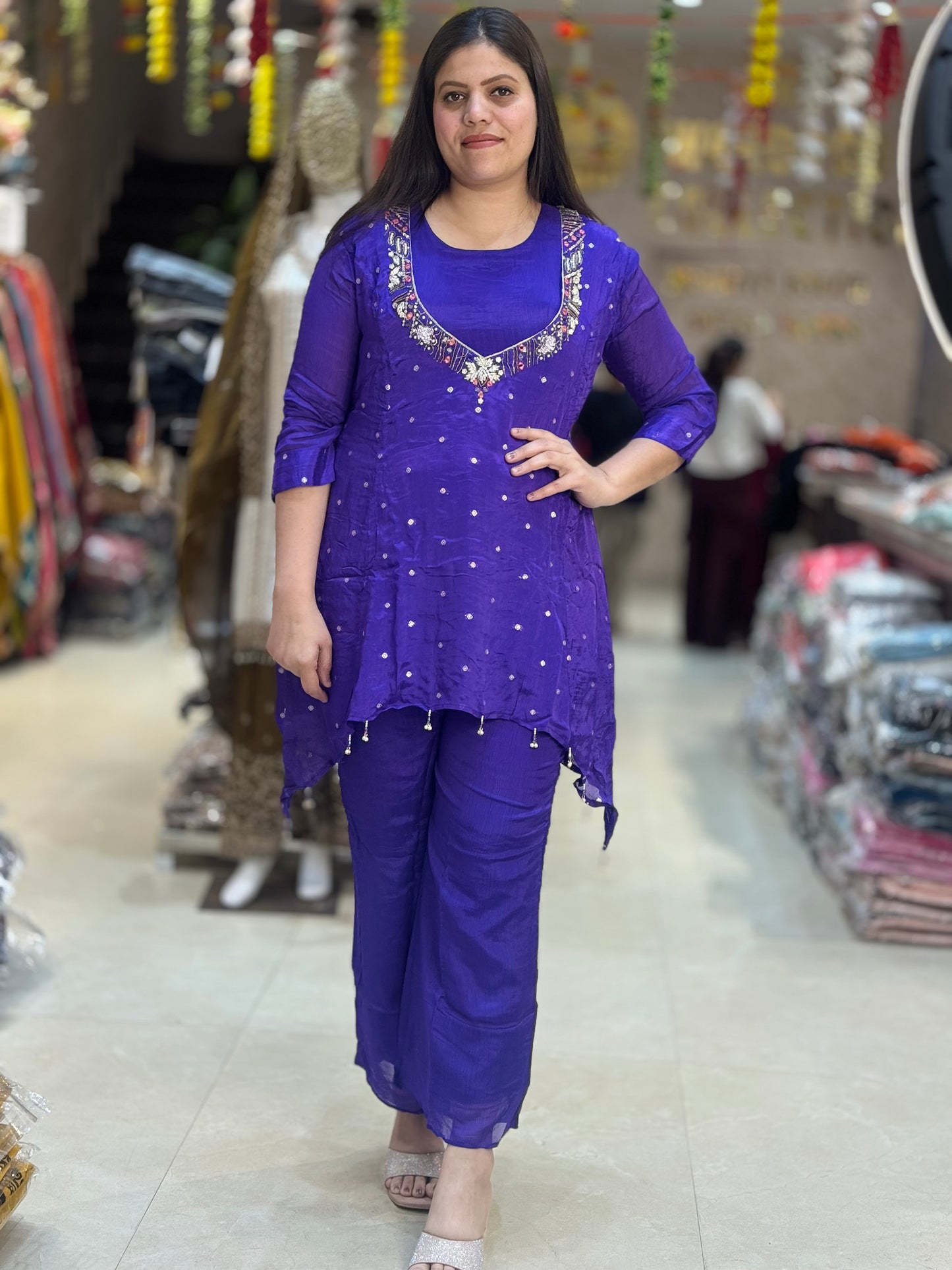 PURPLE PURE CHINON EMBROEDED  A LINE CORDSET WITH DESIGNER NECK