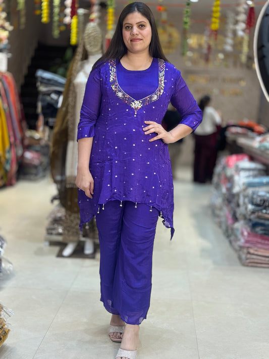 PURPLE PURE CHINON EMBROEDED  A LINE CORDSET WITH DESIGNER NECK