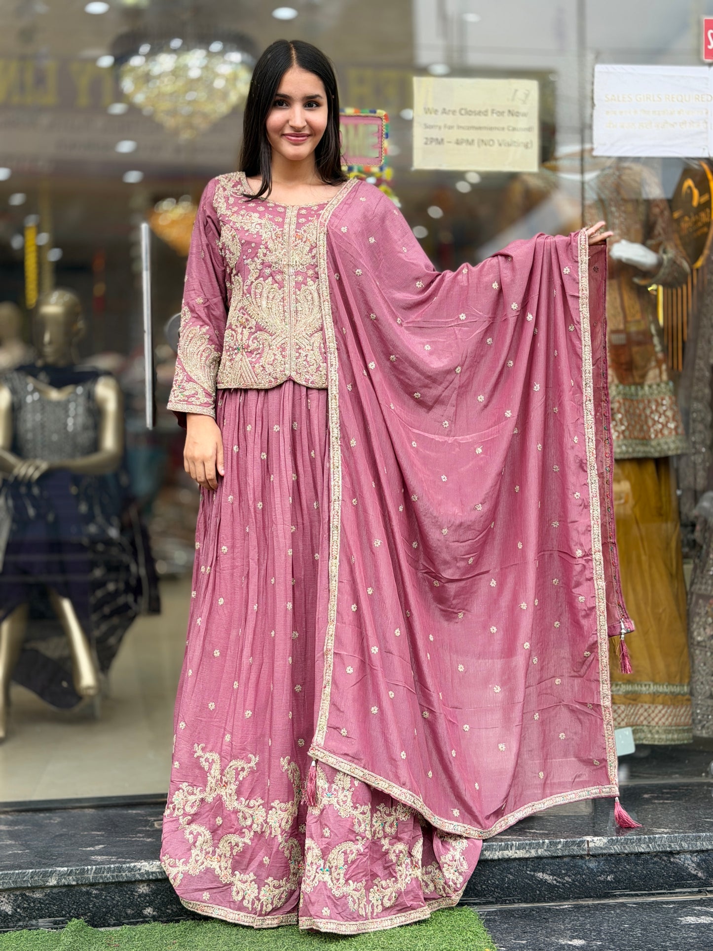 ONION PINK PURE CHINON SHORT CHOLI WITH LEHENGA