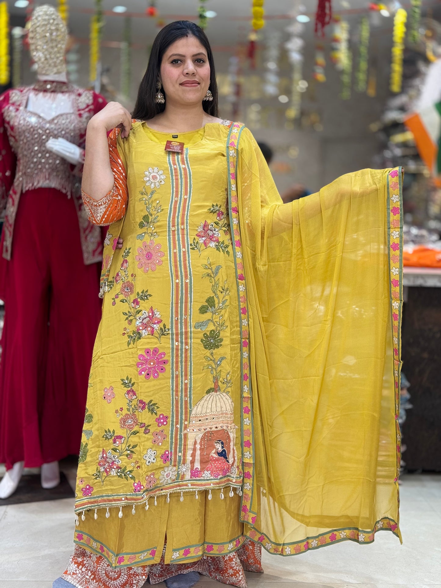 MUSTARD PREMIUM CREPE MIRROR WORK WITH C-CUT PLAZO SUIT