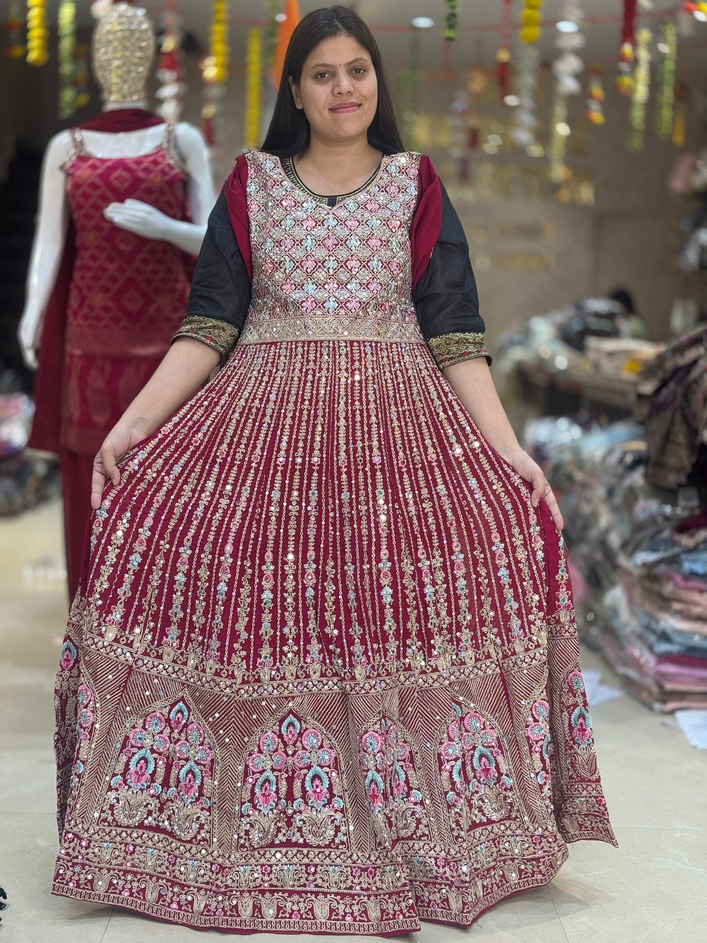 PARTY WEAR GEORGET ORIGNAL MIRROR AND TILLA WORK FULL LENGTH GOWN(OAOL0019)