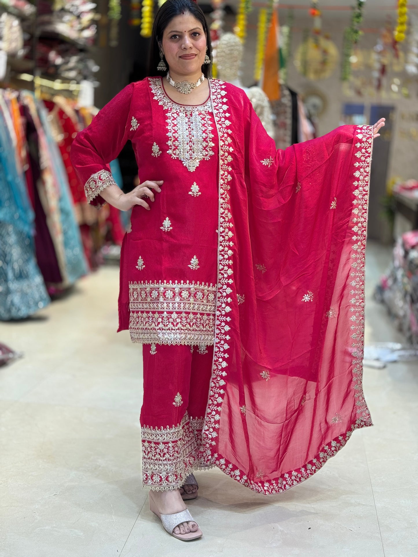 GLASS TISSUE FULL TILLA WORK NECK DESIGN 3 PC SUIT
