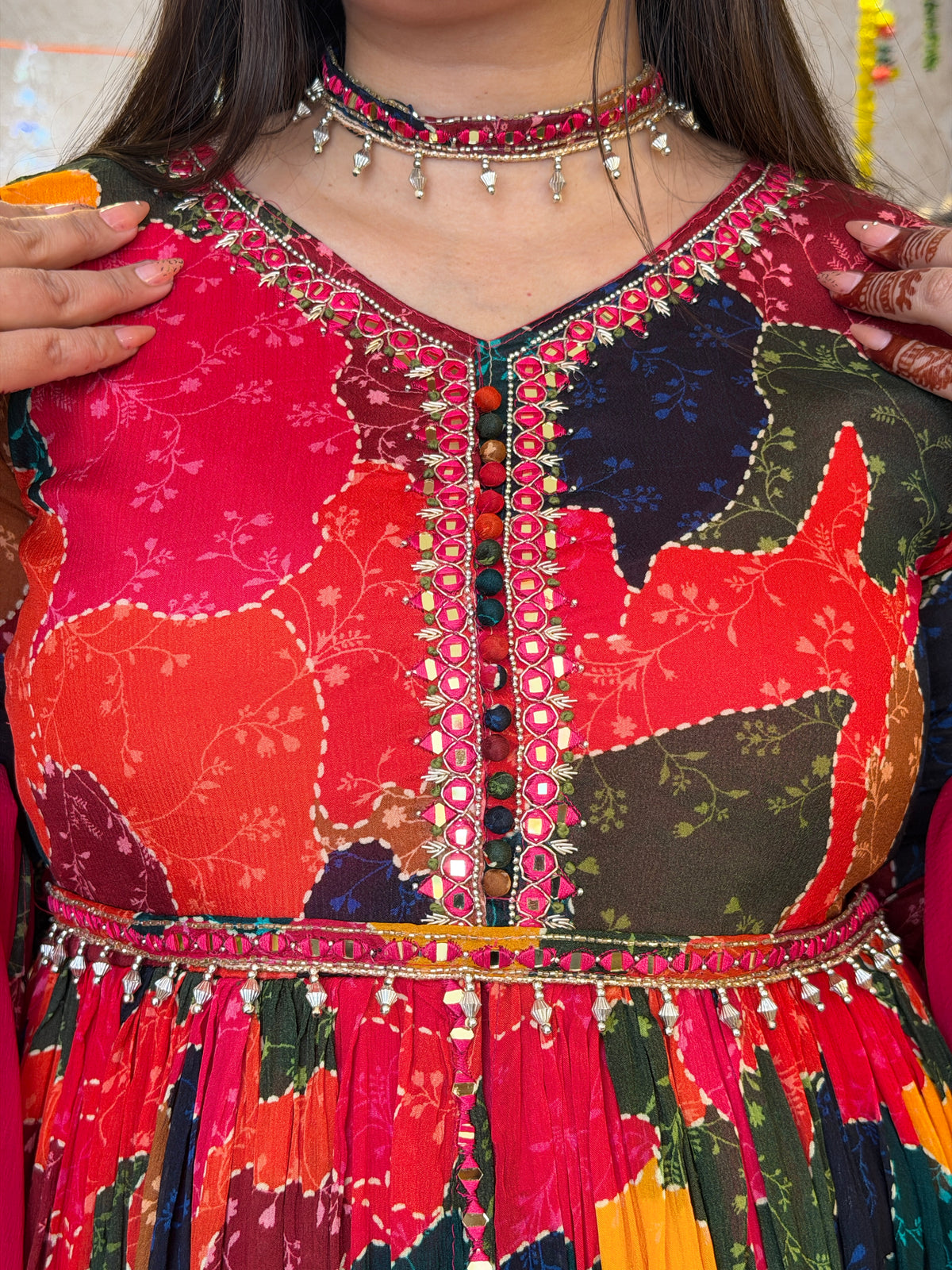 MULTI COLOUR NECK DESIGN SINGLE PC DRESS WITH DUPPTA