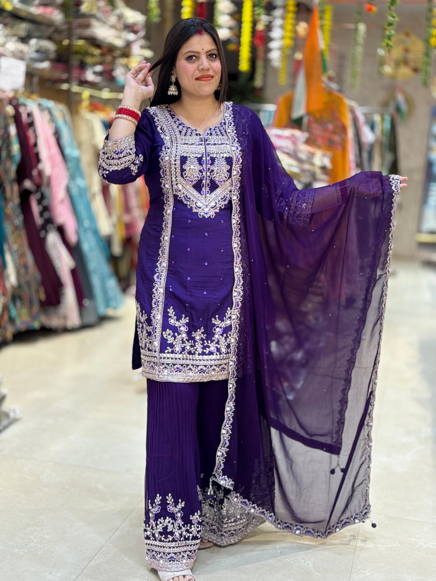PURE SILK NECK DESIGN WITH SIPPY WORK WITH HEAVY SHRARA