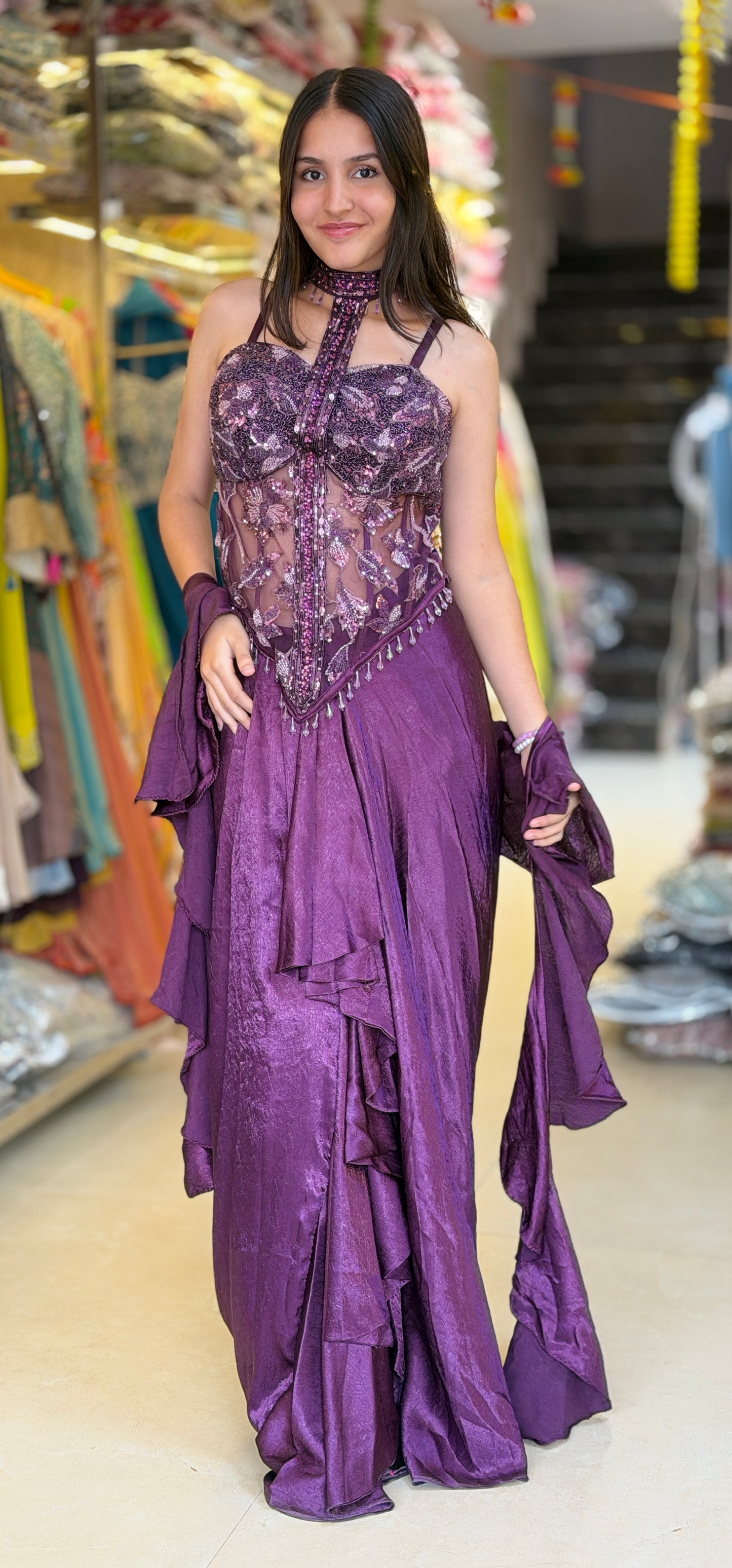 WINE PREMIUM DESIGNER WEAR DRAPE SKIRT OUTFIT