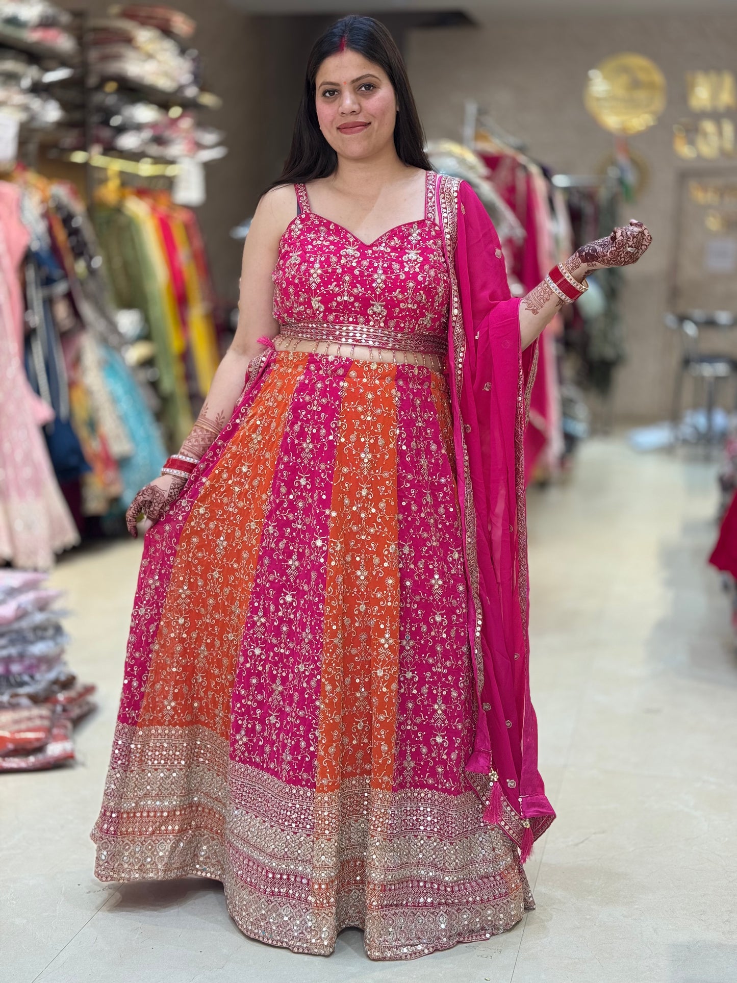 HOT PINK DUEL PURE GEORGET SHORT CHOLI WITH FULL SIPI WORK FULL FLAIR LEHNGA