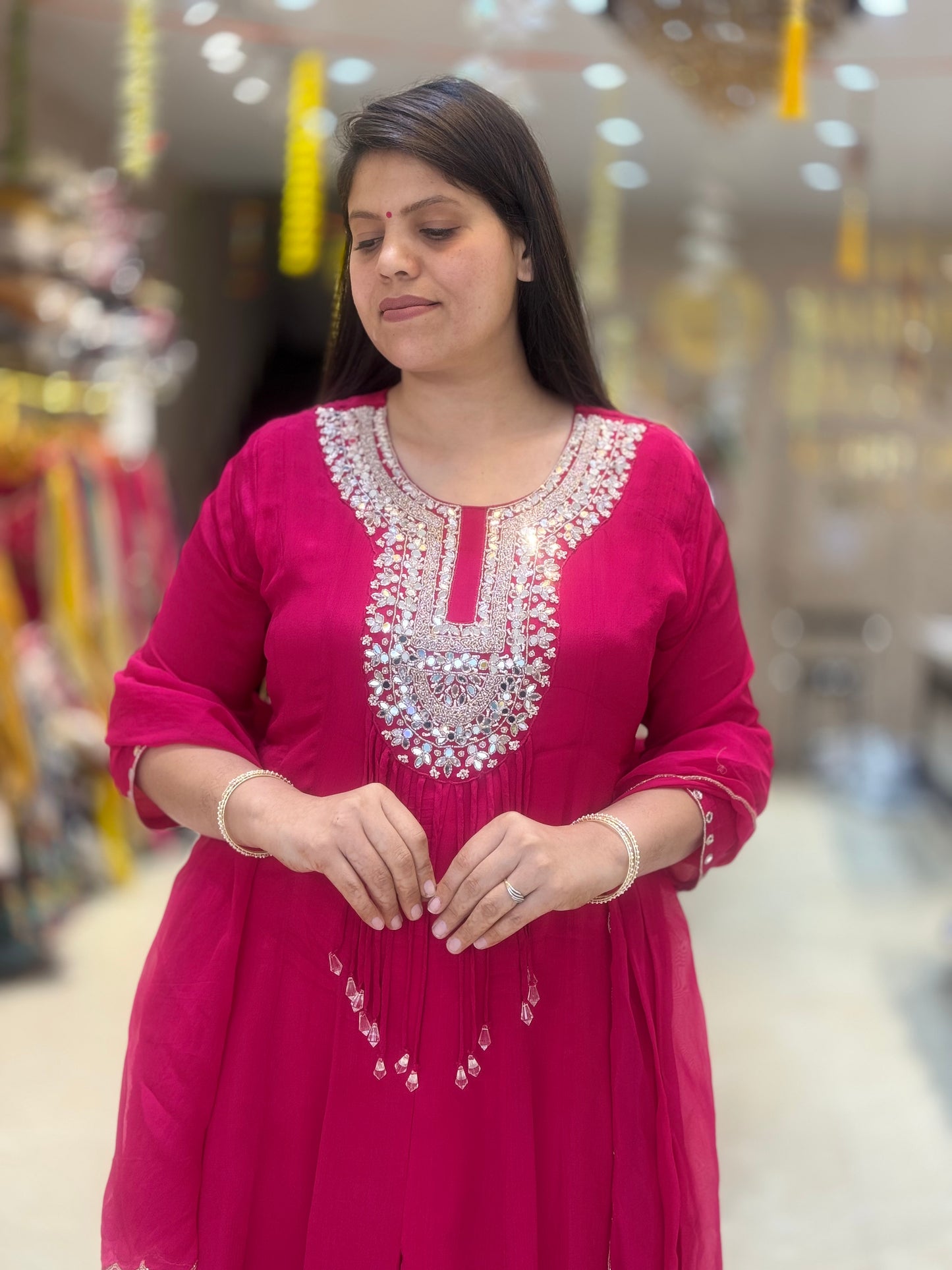 HOT PINK PURE SILK NECCK DESIGN WITH SILVER PEARL WORK ANARKALI