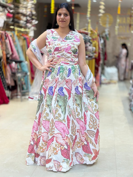 WHITE BASED MULTI COLOURED DESIGN WITH PEARL WORK FULL FLAIR LEHNGA