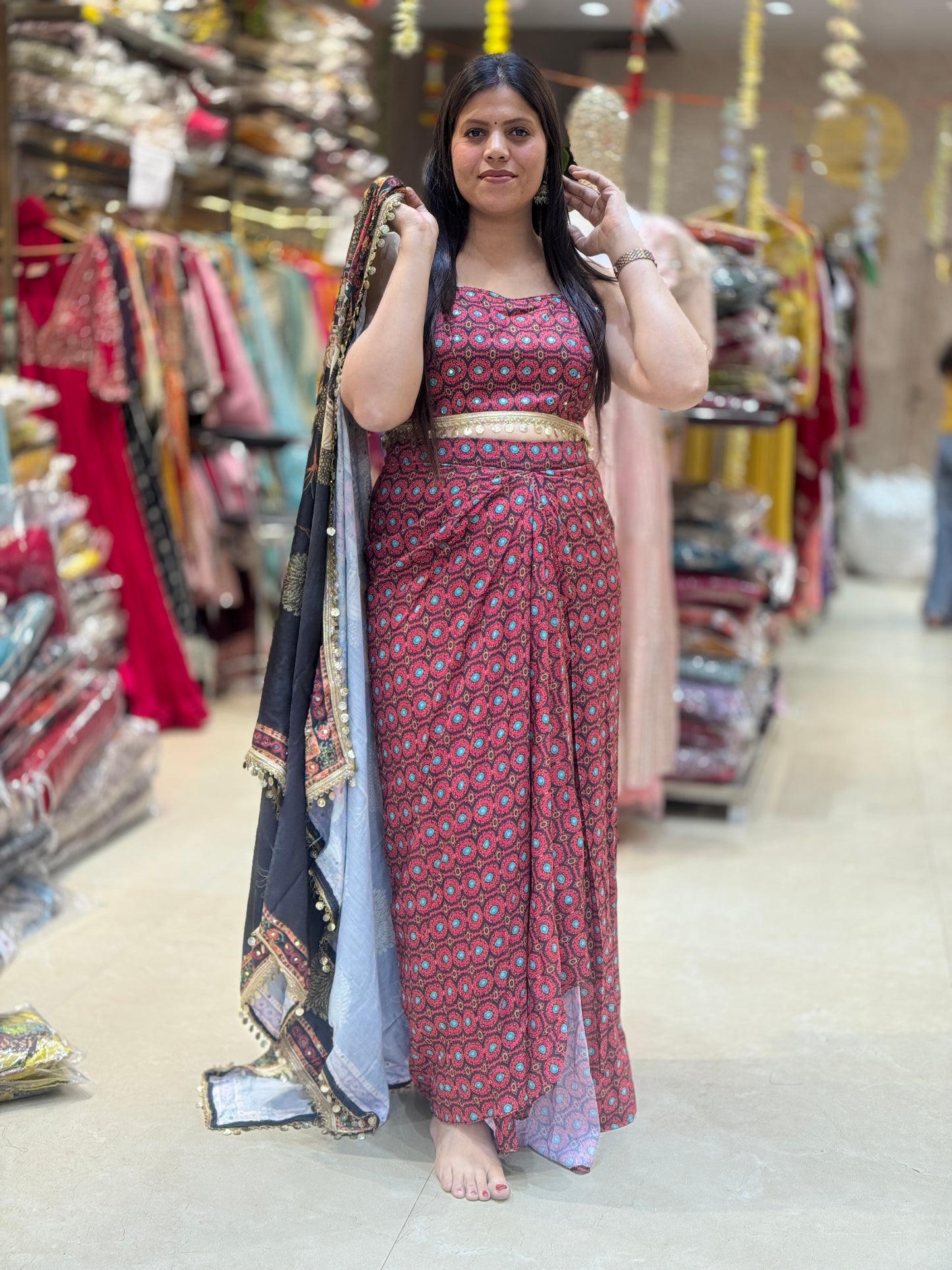 ELEGANT CROPE TOP LACHA SKIRT WITH CAPE DRESS
