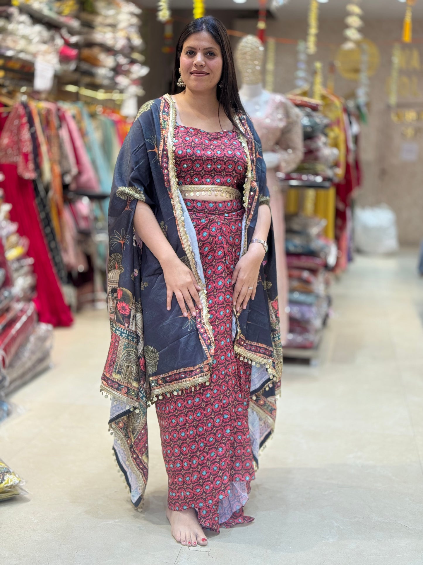 ELEGANT CROPE TOP LACHA SKIRT WITH CAPE DRESS