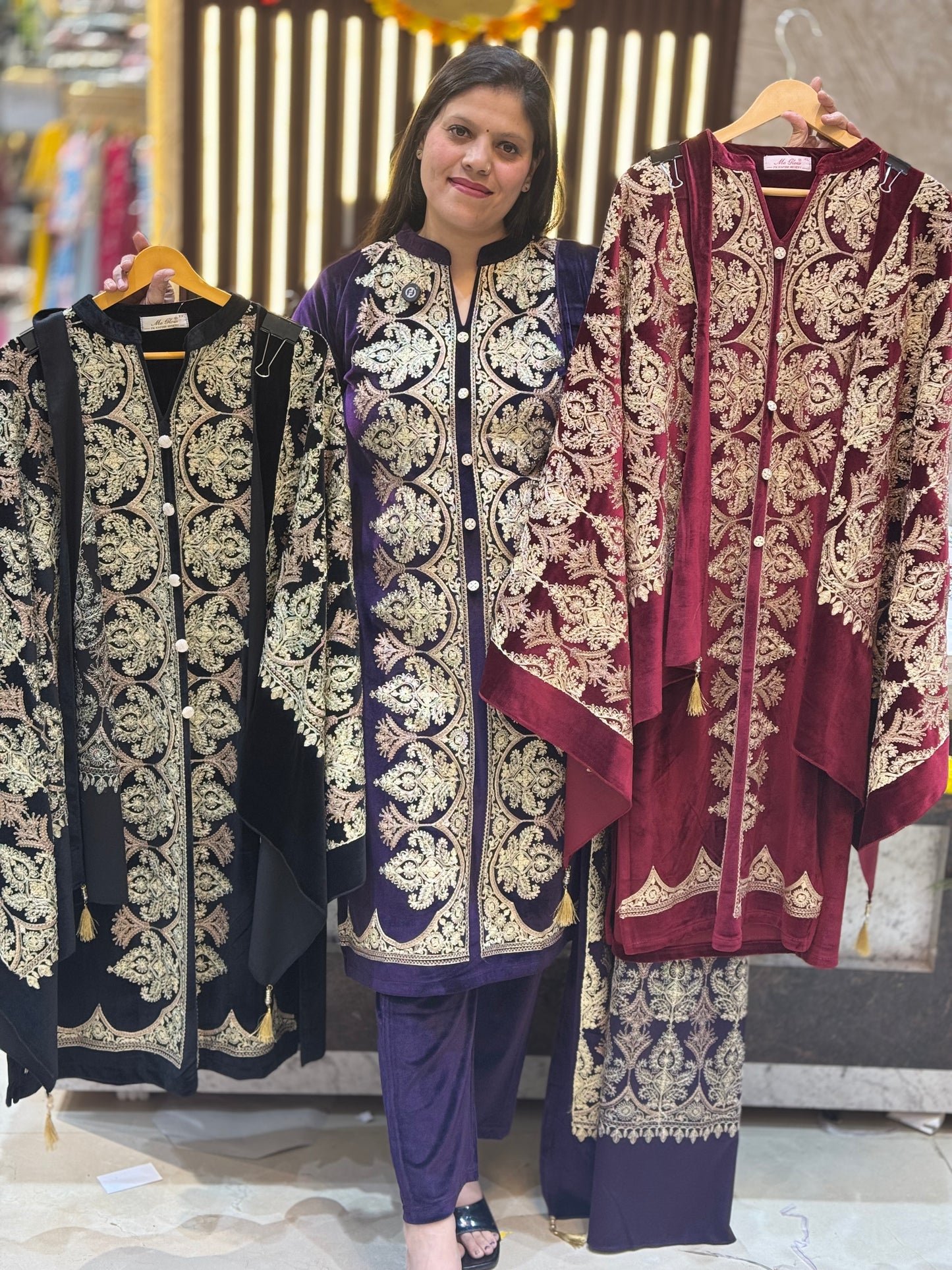 Elegant Velvet Suit with Exquisite Thread Embroidery