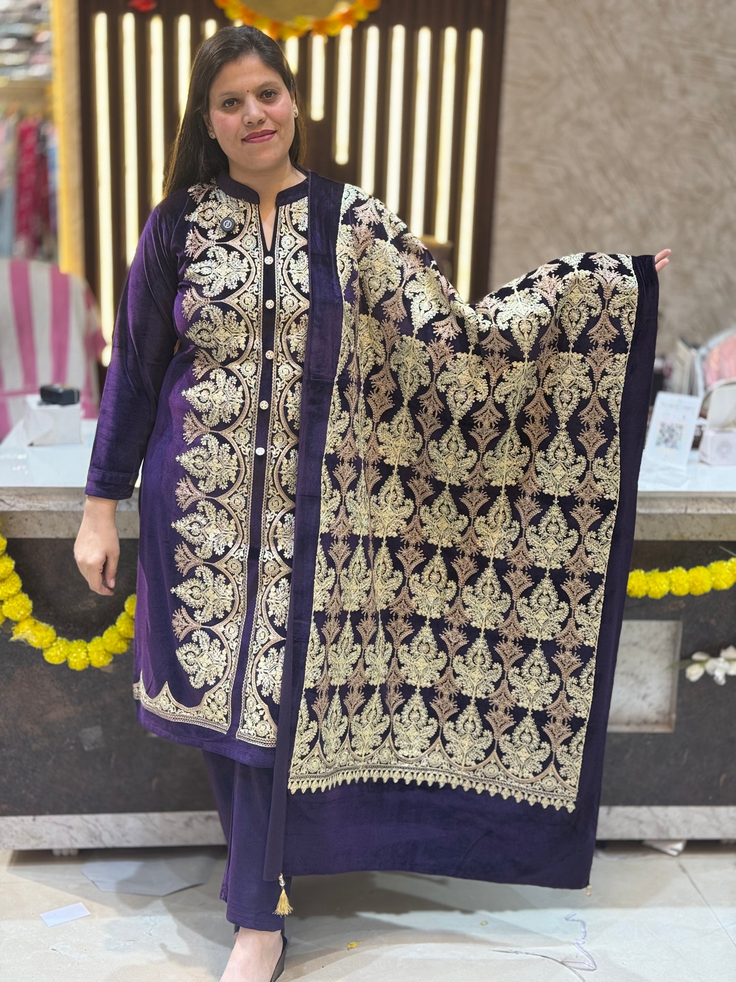 Elegant Velvet Suit with Exquisite Thread Embroidery