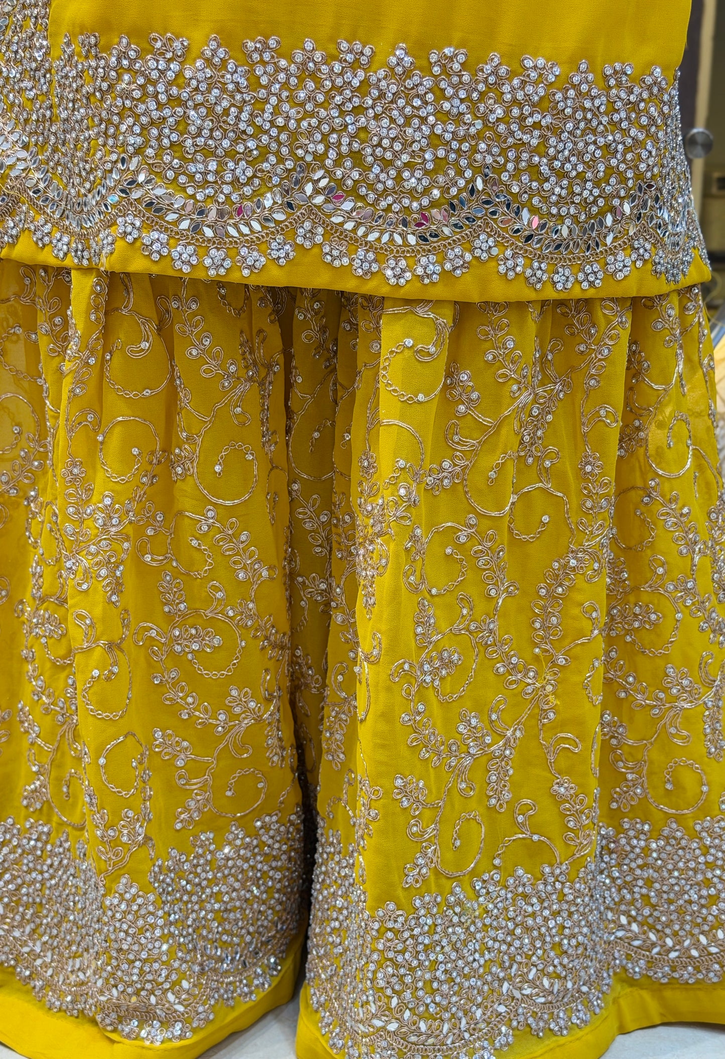 YELLOW GEORGET FULL HANDWORK SHRARA SUIT