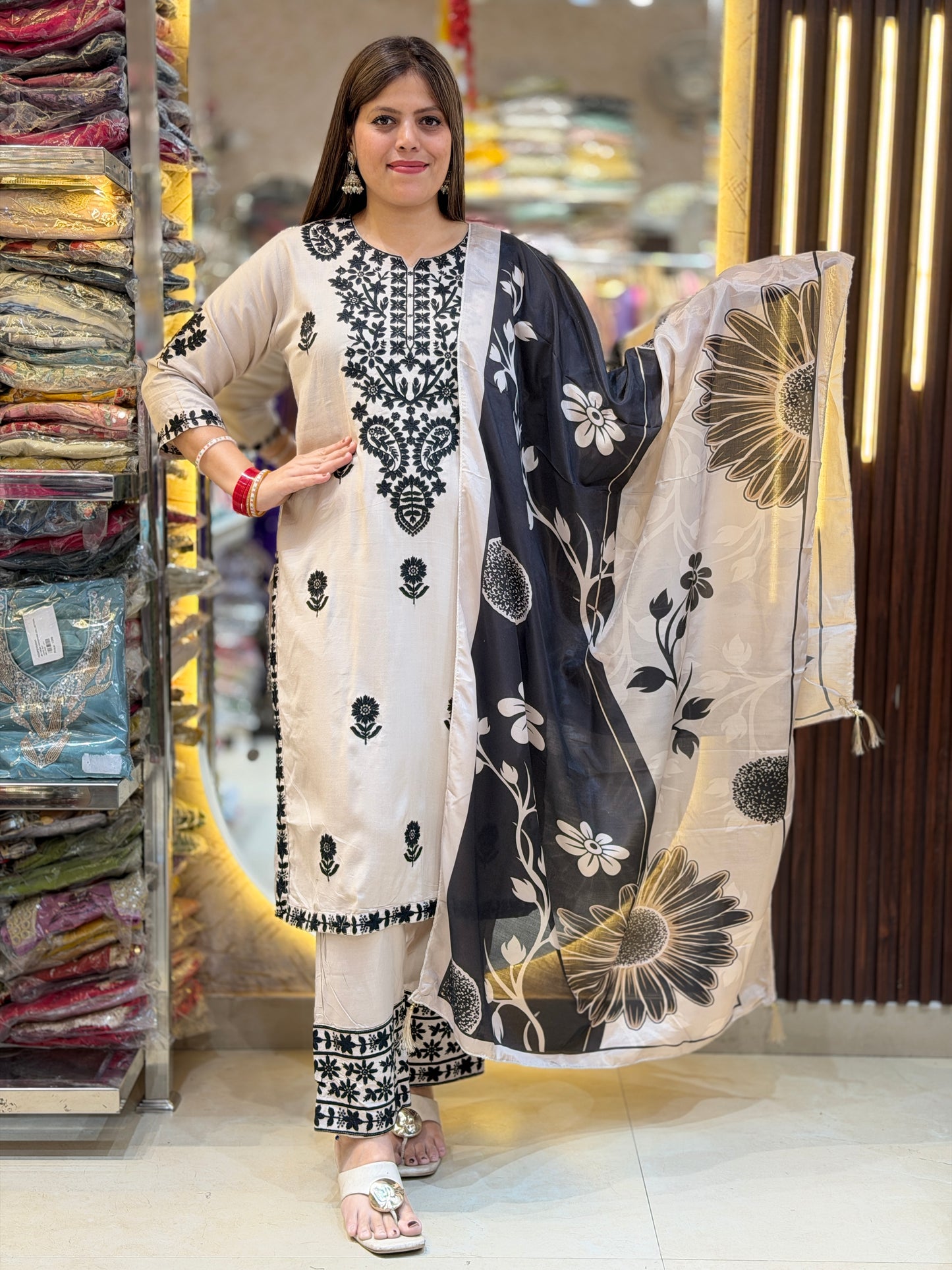 IVORY DUEL BLACK THREAD WORK BEAUTIFUL DUPPTA SUIT