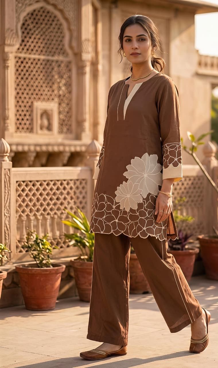 BROWN LEAF EMBROIDED CORDSET