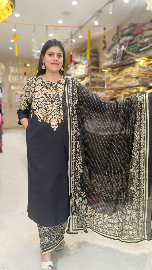 BLACK PURE COTTON GOLDEN HAND WORK SUIT