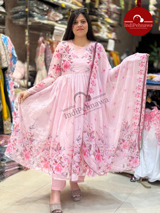 PINK FLORAL ANARKALI SUIT WITH FLORAL DUPATTA