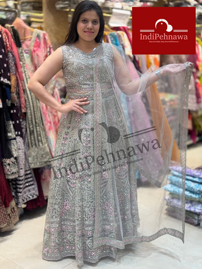 ✨ Grey & Pink Contrast Mirror Work Lehenga – Regal Elegance Redefined ✨