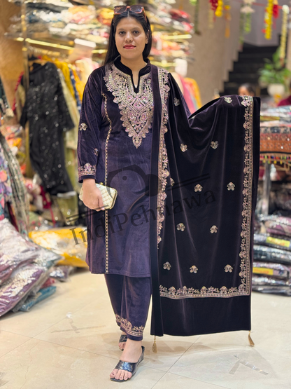 Classic Grace: Luxurious Fully Embroidered Velvet Suit