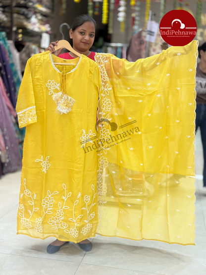 Indian Organza Suit Yellow And Hot Pink With Tassels (P6AL0003)