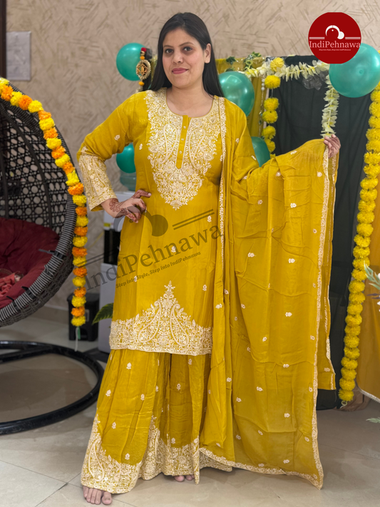 WHITE THREAD WORK CHINON SHARARA PARTY WEAR SUIT