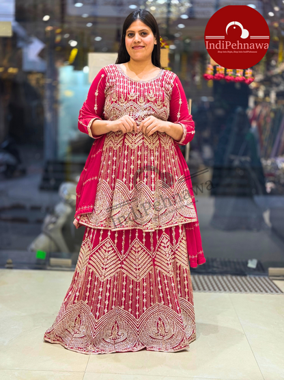 GEORGETE HEAVY RED LEHNGA WITH PAMPLUM BY INDIPEHNAWA