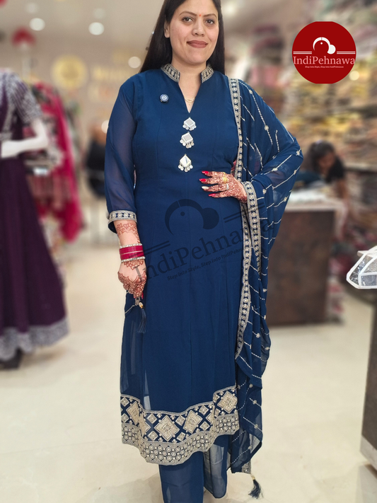 HIGH NECT DESIGNER GEORGET ANARKALI WITH FULL EMBROIDERED DUPPATA