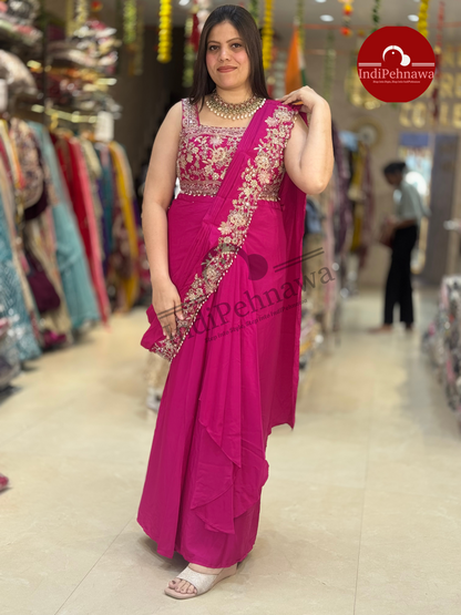 FUCHSIA PINK DESINER SAREE JACKET SET WITH ORIGINAL MIRROR WORK/ZARI WORK/TILLA WORK/PEARL WORK