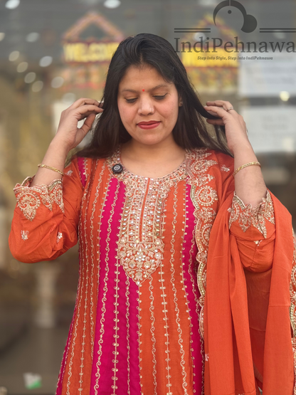 Luxurious Orange Plazo Suit with Original Mirror & Tilla Work in Chinon Fabric