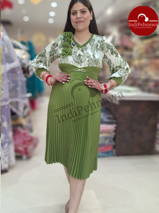 KOREAN DRESS WITH SIDE FLOWER WITH DIGITAL LINE DESIGN