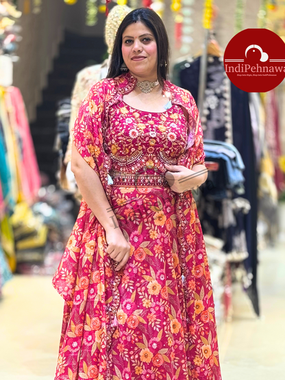 PINK 3 PC PARTY WEAR LEHENGA WITH MULTI THREAD WORK IN CHINON