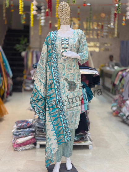 Indipehnawa Signature Cotton Suit – Embroidered Thread Work Neck