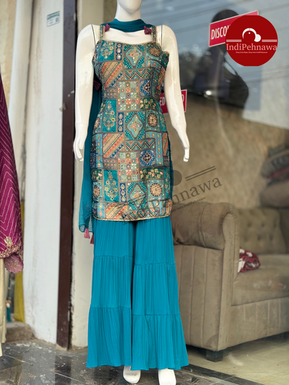 Sleeveless Partywear Suit with Designer Jaffa Bottom