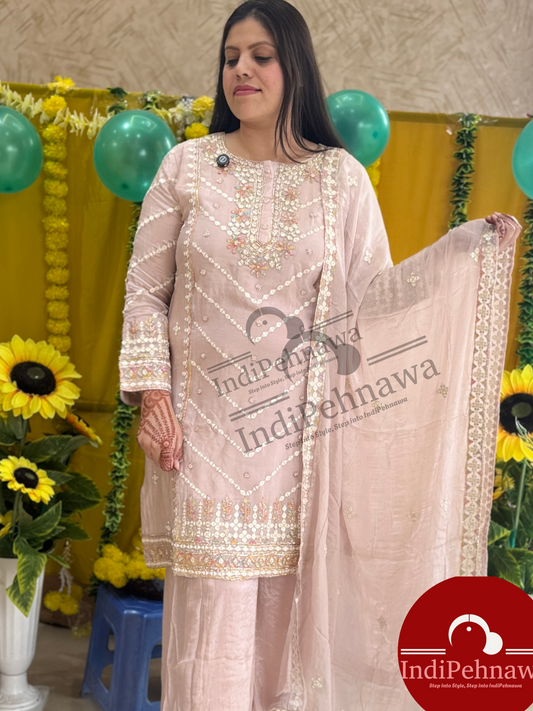 PURE CHINON THREAD AND CUT DANA WORK PLAZO SUIT BUY INDIPEHNAWA