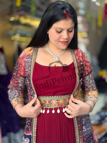 Stylish Pleated Dresses & Chinon Shrug Jacket Set with Belt