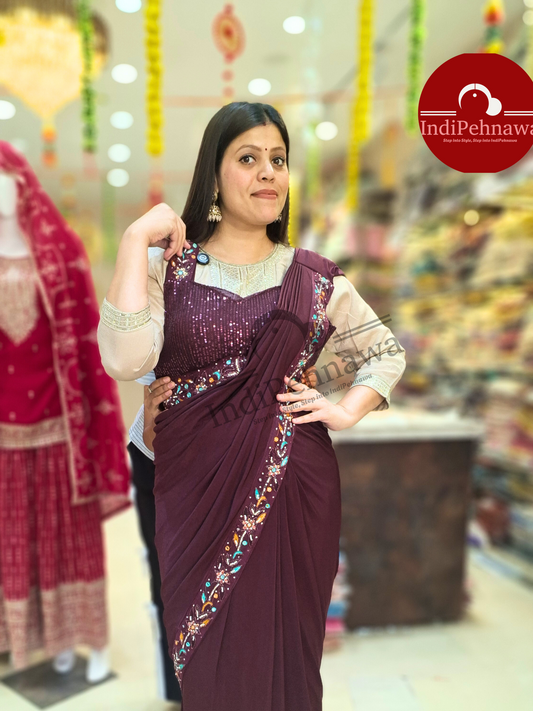 READY TO WEAR SAREE WITH SIPPY AND THREAD WORK IN GEORGETE (OAPL0111)