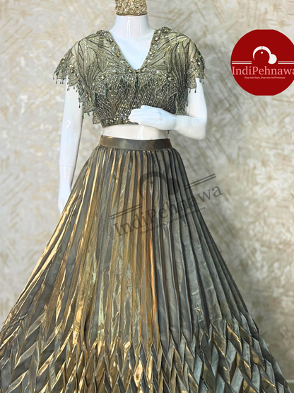 DESINER GOLDEN LEHENGA WITH SIPPY WORK IN CHINON