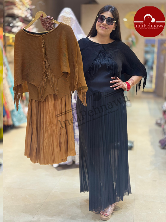 KOREAN SKIRT TOP WITH DESIGNER ATTACHED CAPE PONCHU