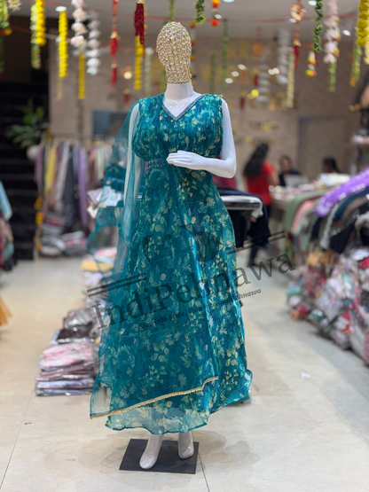 Organza Silk Gown Set with Net Dupatta – Lightweight Luxury for Special Occasions